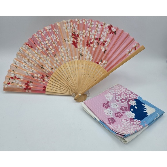 Other - VTG Cherry Blossom Pink & White Folding Fan +Japanese Mt. Fuji Matching‎ Fabric